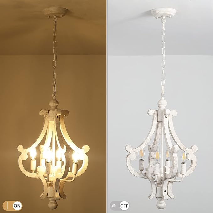 Wooden Farmhouse Chandelier 4 Lights Rustic Antique White Chandeliers for Dining Room French Country Chandelier Orb Pendant light Fixtures Hanging for Kitchen Living Room Foyer Bedroom Entryway