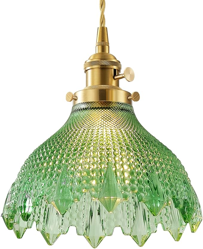 Vintage Glass Pendant Light，Green Flower Ceiling Pendant Light，Gold Adjustable Hanging Wire for Kitchen Island Dining Room Bedroom Hallway (8Inch - Green(C))