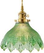 Vintage Glass Pendant Light，Green Flower Ceiling Pendant Light，Gold Adjustable Hanging Wire for Kitchen Island Dining Room Bedroom Hallway (8Inch - Green(C))