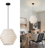 16 Inch Modern Chandelier with Tiered Linen Drum Shade – Hanging Pendant Light Fixture for Dining Room, Kitchen Island, Farmhouse Table, Living Room, Entryway, Ceiling Mount Lamp