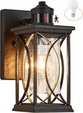 Motion Sensor Outdoor Wall Light with Dimmable Bulb, Modern Dusk to Dawn Exterior Light Fixture Wall Mount Porch Light Black with Crack-Like Glass Coach Lantern for House Garage