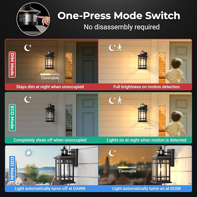 Distance-Adjustable Outdoor Lights for House, Modern Black Motion Sensor Outdoor Light with Gold Trim, Waterproof Dusk to Dawn Exterior Lighting Fixtures, Anti-Rust Outdoor Lanterns for Porch, Garage