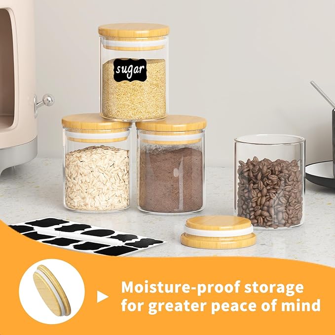 SODSAI 15 Piece Glass Storage Jars Set with Airtight Bamboo Lids and Labels,6oz Glass Spice Jar Mini Food Storage Containers for Home Kitchen,Pantry,Tea,Sugar,Salt,Coffee,Flour,Herbs,Grains