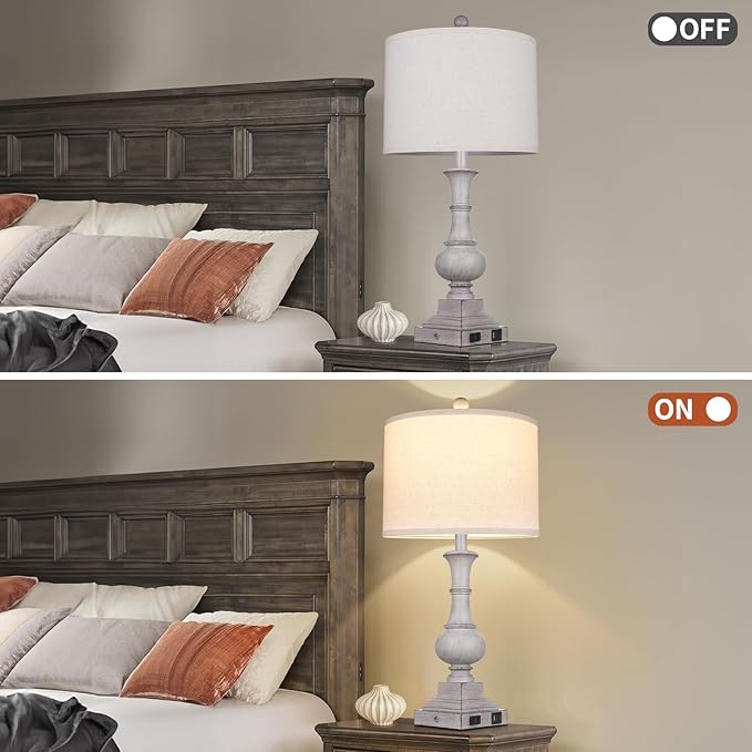 26" Farmhouse Lamp with 2 USB Ports & AC Outlet, Vintage Rustic Touch Control Bedside Lamp, Resin 3-Way Dimmable Nightstand Lamp Fabric Shade for Living Room Bedroom Decor Gray(LED Bulb Included)