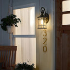 Emliviar Modern Outdoor Wall Lantern - Exterior Carriage Light for Garage Front Porch with Seeded Glass Shade, 15.5 Inch Height, Black Finish, XE229B BK