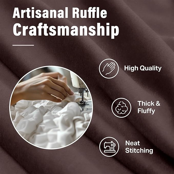 Seasonwood Brown Shower Curtains for Bathroom Dark Brown Ruffle Shower Curtain with Natural Buttons Farmhouse Style Microfiber Fabric Shower Curtains (Brown)