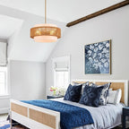 19.7" Rattan Chandelier with Linen Modern Boho Hand Woven Bamboo Chandelier Light Fixture Retro Farmhouse Drum Wicker Rattan Golden Chandeliers for Dining Room, Kitchen, Living Room,Foyer