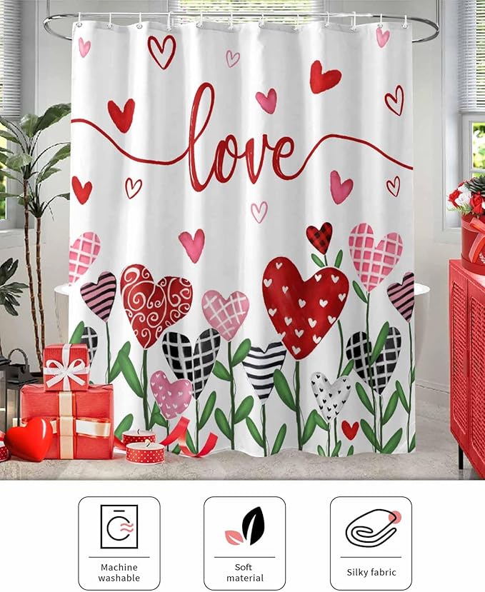 Vandarllin Valentine's Day Shower Curtain, Pink Red Love Shower Curtains Set with Hooks, Romantic Heart Leaves Waterproof Fabric Bathroom Curtains Decor Home Accessories,66 X 72 Inch Long