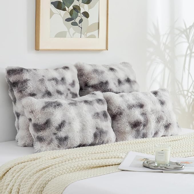 FUTEI Grey White Decorative Throw Pillow Covers 26x26 Inch Set of 2,Soft Fuzzy Faux Rabbit Fur Euro Pillow Shams with Raised Texture,Neutral Boho Home Decor for Couch Bed Living Room