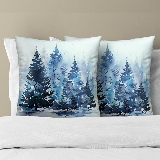 Blue Forest Throw Pillow Covers 22x22 Set of 2,Xmas Trees Rustic Style Natural Winter Holiday Decorative Pillowcases Cotton Cushion Cover for Couch Sofa Farmhouse Home Decor