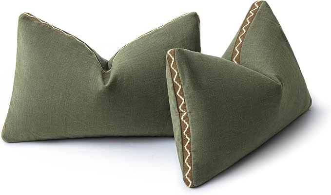 Olive Green Linen Cotton Throw Pillow Covers 12x20 Inch Set of 2, Modern Boho Aesthetic Accent Pillow Cases with Woven Flange for Couch Sofa Bed Room Earthy Tone Home Decor
