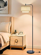 64" Modern Floor Lamp for Living Room Bedroom, Arc Floor Lamp with 3 Color Temperatures, Standing Lamp with Double Oatmeal Linen Lampshade, Tall Lamp with A19 12W LED Bulb, Foot Switch Control, Black