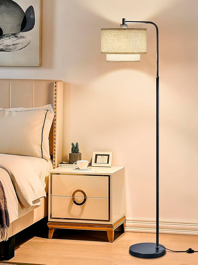 64" Modern Floor Lamp for Living Room Bedroom, Arc Floor Lamp with 3 Color Temperatures, Standing Lamp with Double Oatmeal Linen Lampshade, Tall Lamp with A19 12W LED Bulb, Foot Switch Control, Black