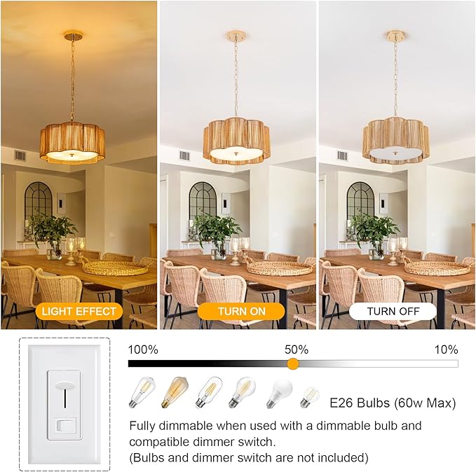 Plum Linear Weave Rattan Ceiling Light & Chandelier (16.5'' 4-Light) Flush Mount Flush E26 & 3D Woven Fireproof PC Panels for Scandinavian Dining Rooms & Modern Farmhouse Kitchen Islands
