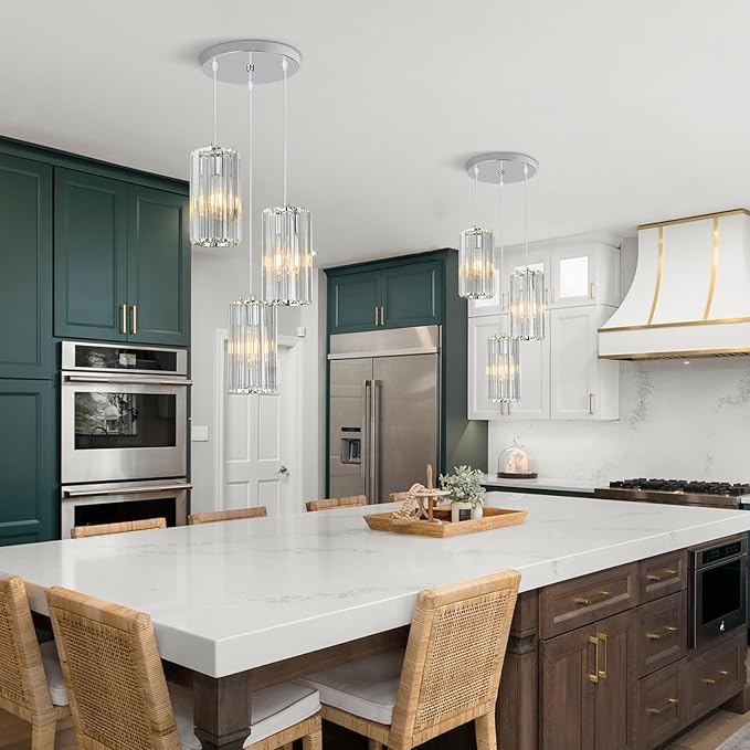 Chrome Pendant Lighting Modern Pendant Light, Mini Crystal Chandeliers,Adjustable Pendant Light Fixture for Kitchen Island Dinning Room Corridor Bedroom…(Gold 3-Light)