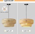 Bamboo Pendant Light, 18inch Hand-Woven Wicker Rattan Bamboo Chandelier, 2-Tier Beige Boho Rustic Island Dining Ceiling Hanging Light for Living Room, Kitchen, Farmhouse, Bedroom