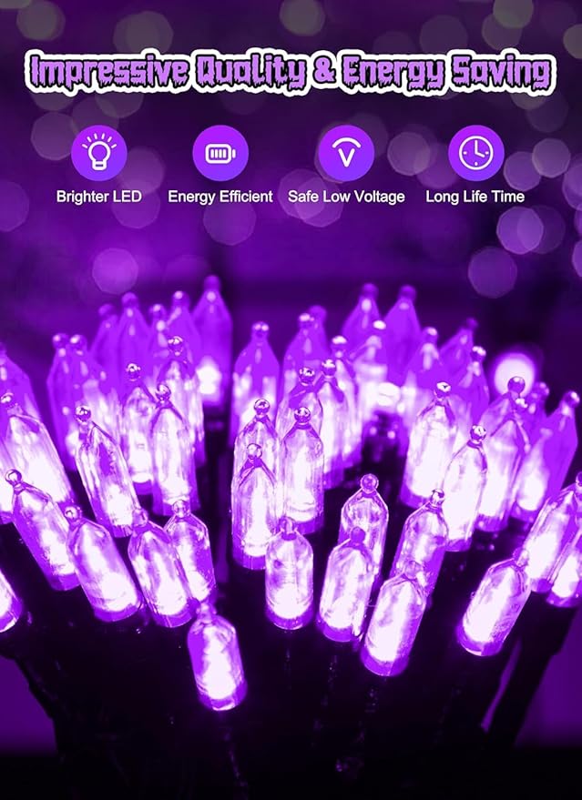 Battery Operated Halloween Indoor String Lights, 8 ft 20 LED Purple Mini Cluster Tree Lights with Timer, Indoor Outdoor Patio Garland Window Decor for Party Christmas Halloween Decorations