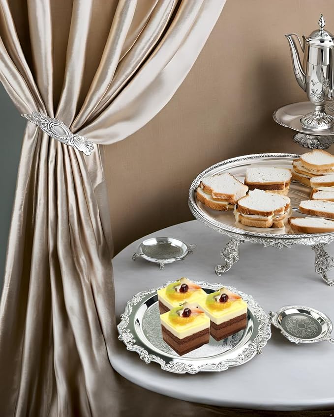 Quluxe Round Platter Serving Tray Metal Reusable Decorative Appetizer Platter Dessert Plate for Kitchen Party Centerpiece Display, 2 Pcs Silver (4 Inch+10 Inch)