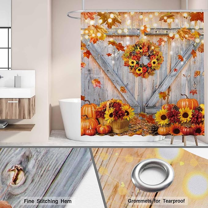 Funnytree 72"x72" Rustic Autumn Pumpkins Wood Barn Door Sunflowers Fall Thanksgiving Harvest Farmhouse Shower Curtain for Bathroom Decor Machine Washable (Hooks Not Included)