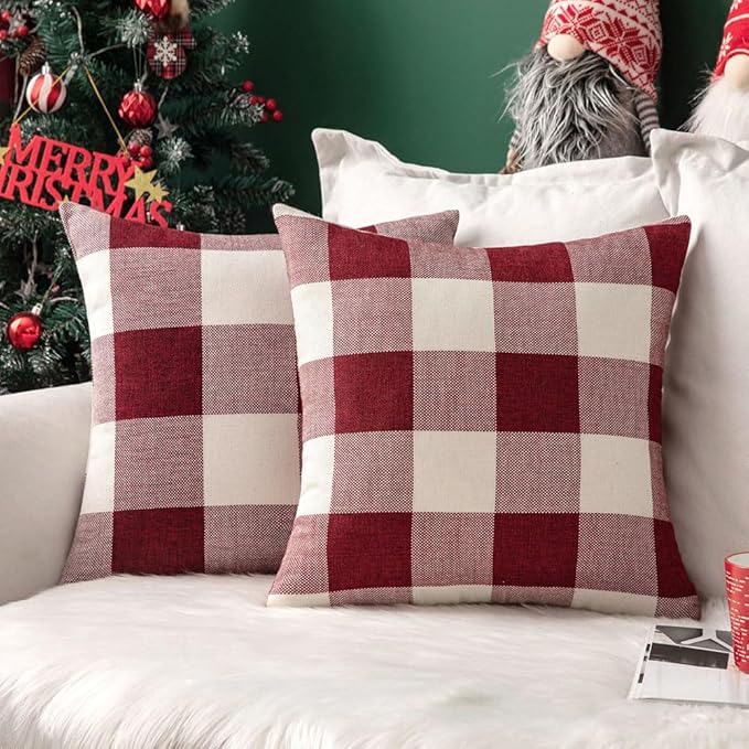 MIULEE Pack of 2 Christmas Farmhouse Checkers Buffalo Plaids Polyester Linen Soft Solid White and Red Decorative Porch Throw Pillow Covers Home Decor Cushion Case for Sofa Bedroom 16 x 16 Inch