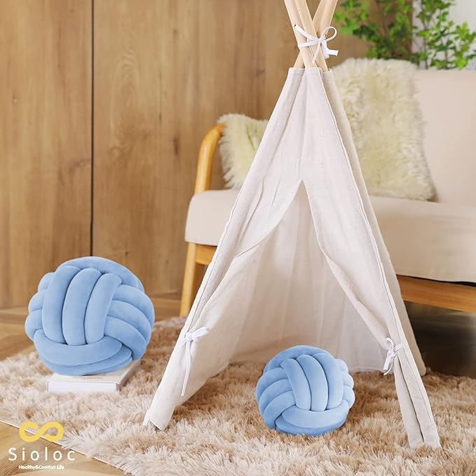 Sioloc Soft Knot Ball Pillows,Round Throw Pillow Cushion Home Decoration Plush Pillow,Throw Knotted Pillow Handmade Round Plush Pillow（10.6inches,Light Blue）