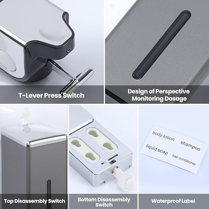 3-in-1 Quadrate Dispensers for The Shower,Shower soap Dispenser,Conditioner Dispenser, Shampoo Dispenser,No Drilled Wall Mounted Distributor,Hotel,Bathroom,Home (Triple, Grey)