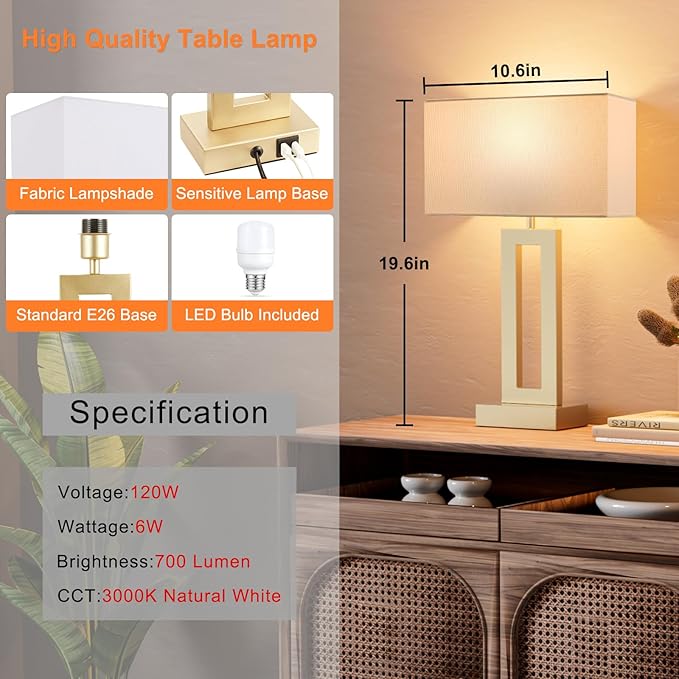 Nightstand Table Lamps for Bedrooms Set of 2 - Touch Bedside Lamp with USB C+A, 3 Way Dimmable Living Room Lamps for End Tables Set of 2(White&Gold)
