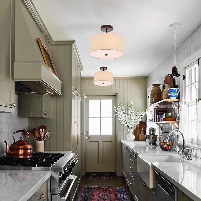 Semi Flush Mount Ceiling Light, 3-Light Black Modern Drum Ceiling Light Fixture with Linen Fabric Shade, Farmhouse Close to Ceiling Lamps for Bedroom Kitchen Living Room Hallway Entryway Closet