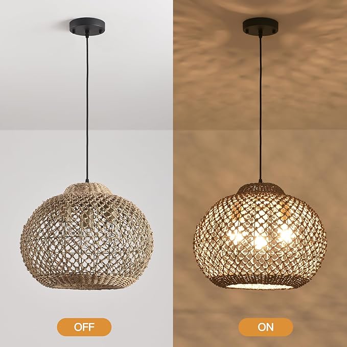16.94" Rattan Pendant Light,Boho Wicker Chandelier Woven Water Plants, of Kitchen Island Farmhouse Dining Room,Entryway Foyer