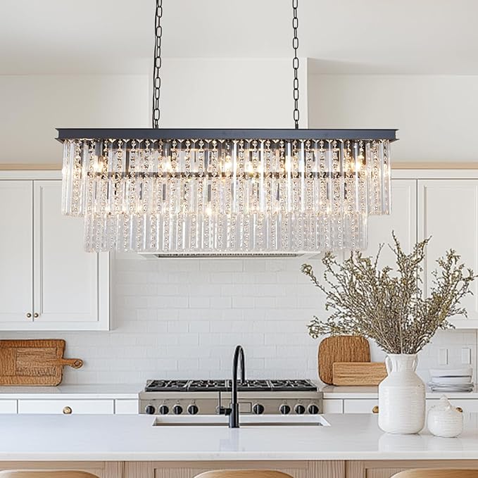 Rectangle Black Dining Room Chandelier Modern Linear Over Table Lighting Fixture 16-Light Chandelier for Kitchen Island, Living Room, Bar