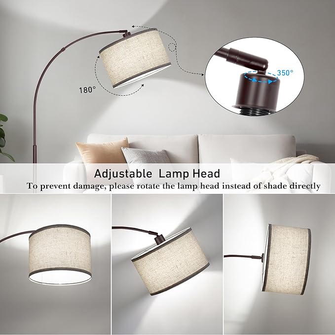 Floor Lamp for Living Room，Arc Floor Lamp with Adjustable Lamp Head Tall Pole Standing Lamp with On/Off Pedal Switch Over Couch Arched Reading Light for Bedroom Study Room 8W LED Bulb Included （Brown）