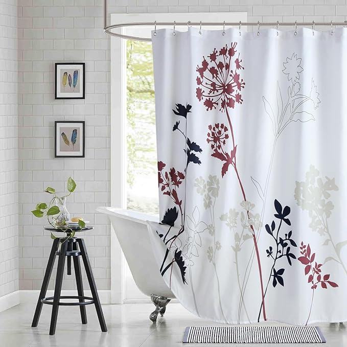 Long Fabric Shower Curtain, White and Burgundy Floral Shower Curtain, Blue and Grey Plant Shower Curtains for Bathroom, Waterproof Bathroom Curtains, 72" W x 78" H