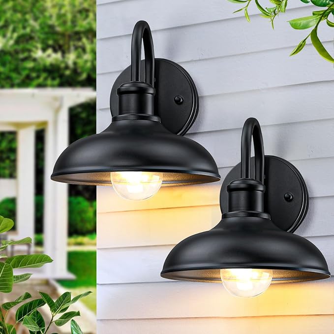 Gooseneck Outdoor Light Fixtures, 2-Pack Farmhouse Barn Lights for Porch, Industrial Black Exterior Wall Sconce for Garage, Patio, E26 Base Anti-Rust for Garage Frontdoor Entryway Doorway