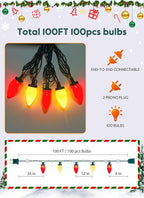 C9 Christmas Lights Outdoor, 100 Feet Strawberry Waterproof String Lights with 100 Bulbs, Connectable Waterproof Lights for Holiday Party Roofline Backyard Patio, Green Wire(Red & Warm White)