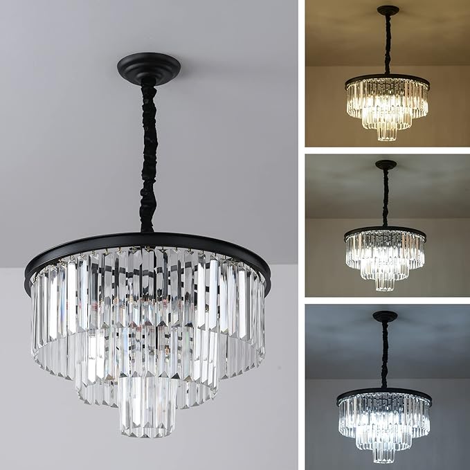 Black Modern Crystal Chandelier, 3-Tier Round Flush Mount Ceiling Light Fixtures Height Adjustable Pendant Lighting for Dining Room Living Room Bedroom Kitchen Hotel Foyer