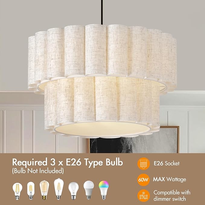 16 Inch Wavy Linen Chandelier Modern Pendant Light Fixture, Rustic Fabric Hanging Ceiling Lamp for Dining Room, Kitchen Island, Living Room, Foyer, Dimmable Lighting Over Table