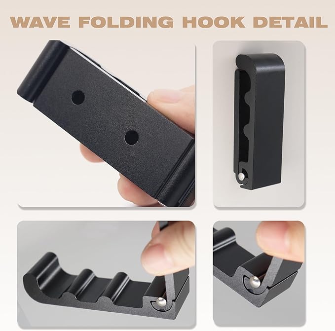 OHIYO 6 PCS Heavy Duty Folding Wall Hooks, Sturdy Black Wall Mounted Hooks for Coats, Towels, Backpacks, Bags, Space Saving Wave Design for Living Room, Bedroom Organization