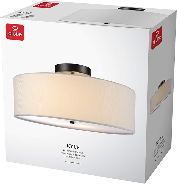 GLOBE Electric 60315 2-Light Flush Mount Ceiling Light, Dark Bronze Finish, White Linen Shade, Low Profile Drum Design, E26 Base, Dimmable