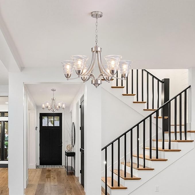 Modern Brushed Nickel Farmhouse Chandelier 6 Light Silver Chandeliers for Dining Room Adjustable Height Hanging Light Fixture with Clear Glass Shade,Pendant Light Fixture for Living Room Hallway Foyer