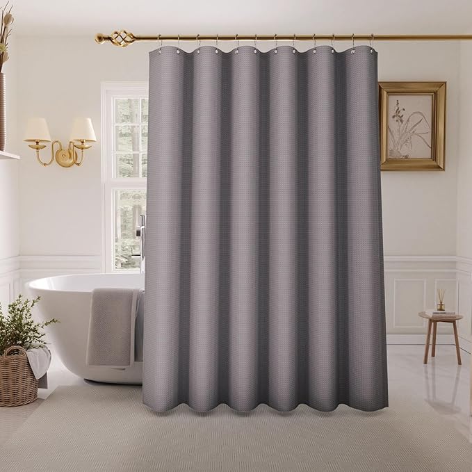 Inhousolu Fabric Shower Curtain Waffle Weave, 230 GSM Heavy Duty, Weighted Hem, 14 Metal Hooks, Water Repellent, Machine Washable, Hotel Spa Luxury Bath Curtain Set, 72 x 96 Inch, Grey