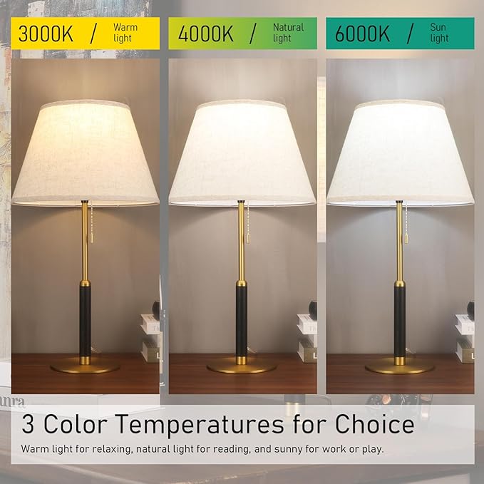 26.4" Set of 2 Modern Living Room Table Lamp for End Tables Bedside Lamps for Bedroom 3-Color Temperatures Pull Chain Switch Lamp Wood Fabric for Home/Office/Desk Decor (Light Brown+Brass)