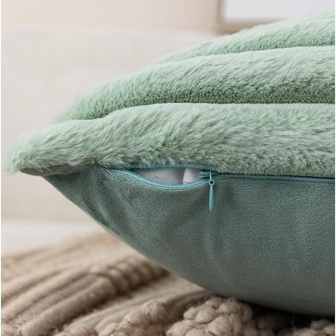 ZLINA Set of 2 Light Green Faux Fur Decorative Throw Pillow Covers Fluffy Striped Pillowcase Cushion Covers 24 x 24 Inch Decor Sofa Couch Bedroom