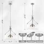 15.7" Industrial Glass Chandelier, 3-Light Large Farmhouse Chandelier, Brushed Nickel Hanging Pendant Light Fixture with Glass Shade for Dining Room Kitchen Sink Hallway Entryway