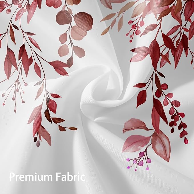 Eucalyptus Shower Curtain, Red Watercolor Leaves with Floral Botanical Bathroom Decor, Waterproof Fabric Bath Curtain Set with Hooks, 72x78 Inches