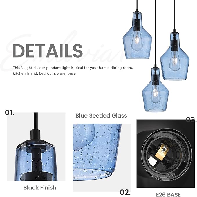 Emliviar 3-Light Cluster Pendant Light, Blue Hanging Pendant Lights with Seeded Glass for Kitchen Hallway Dining Room, DYE286G1-3 BK