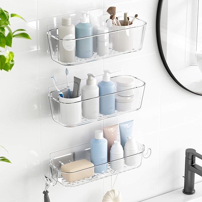 TZAMLI Shower Caddy, Adhesive Shower Organizer Rustproof Shower Shelf with Razor Holder and Hook, Shower Rack for Bathroom Storage (Clear, 3 Pack)