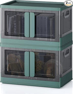 8.4Gal Collapsible Storage Bins with Lids & Wheels - 2 Pack Stackable with Doors, Heavy-Duty Plastic Containers for Home/Office, Green