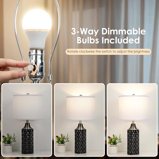 Ceramic Table Lamps Set of 2, Modern Bedside Lamp 25" Nightstand Lamp 3-Way Dimmable Lamp for Bedroom Living Room End Table Lamp Farmhouse Lamp Side Table Lamp, Bulbs Included (25 inch, Black)