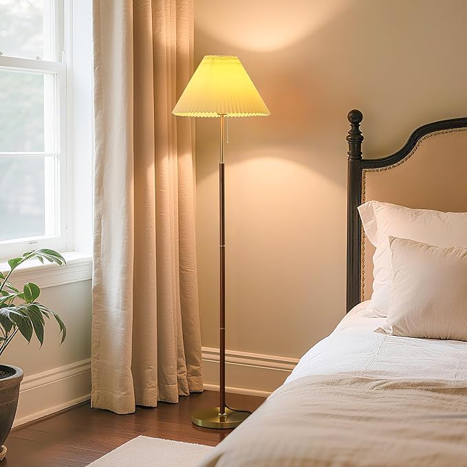 Pleated Lampshade Floor Lamp for Living Room Corners Bedrooms Bedside Offices Farmhouse, Golden Base, Bright 12W Tri Color Dimming Reading Light, Modern Cute Unique Retro Standing lamp