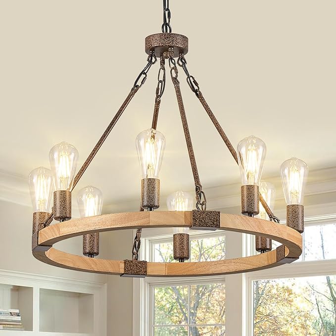 Farmhouse Wagon Wheel Chandelier 23.6" Wooden Rustic Light Fixtures 8-Light Wood Round Chandelier for Dining Room Kitchen Entryway Foyer